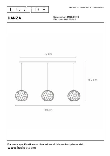 Lucide DANZA - Suspension - 3xE27 - Or Mat / Laiton - TECHNISCH